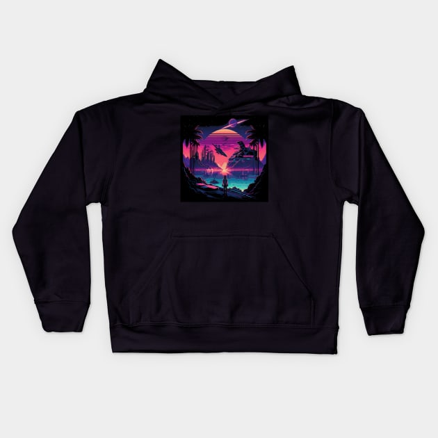 Synthwave cyberpunk woman looking at the sunset with mystery creature Kids Hoodie by SJG-digital